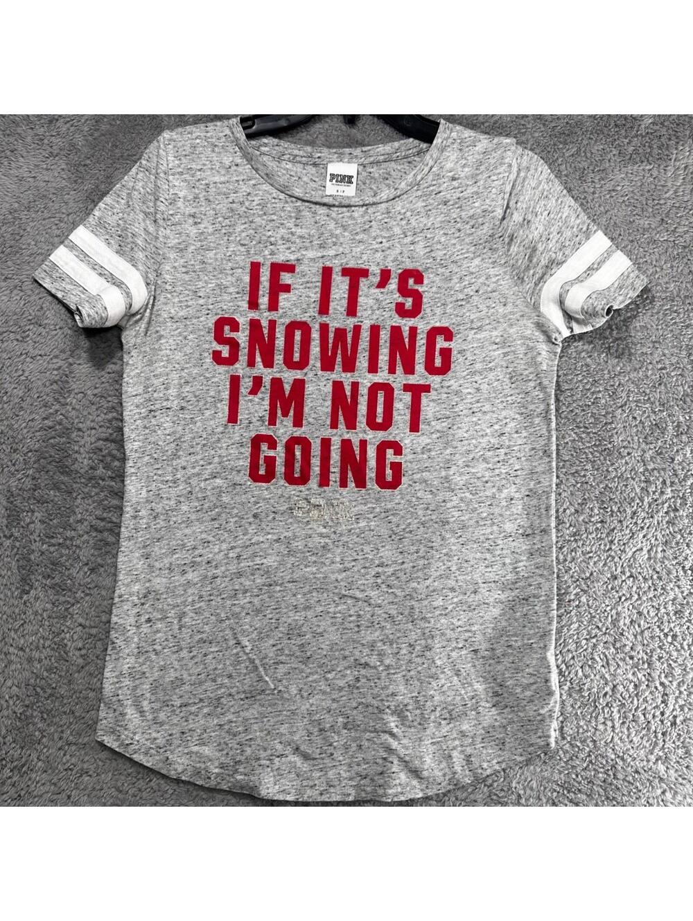 PINK Victoria's Secret Graphic Tee Women Small Gray Red If It's Snowing Shirt